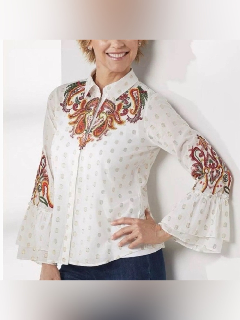 Soft Surroundings Flamenco Embroidered Button Down Blouse M NWOT Paisley Floral - Picture 2 of 11